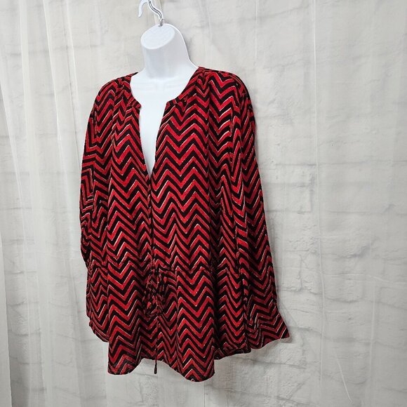 Lauren Ralph Lauren Red Black Chevron Gauzy Tribal Peasant Blouse 3X - Picture 7 of 13
